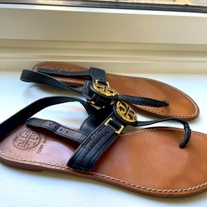 Tory Burch navy leather sandals with gold hardware, size 8.5